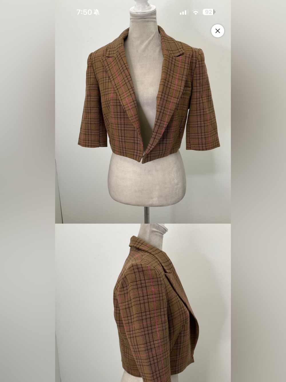 Cropped Plaid Blazer Jacket - Brown with Pink Windowpane Elise